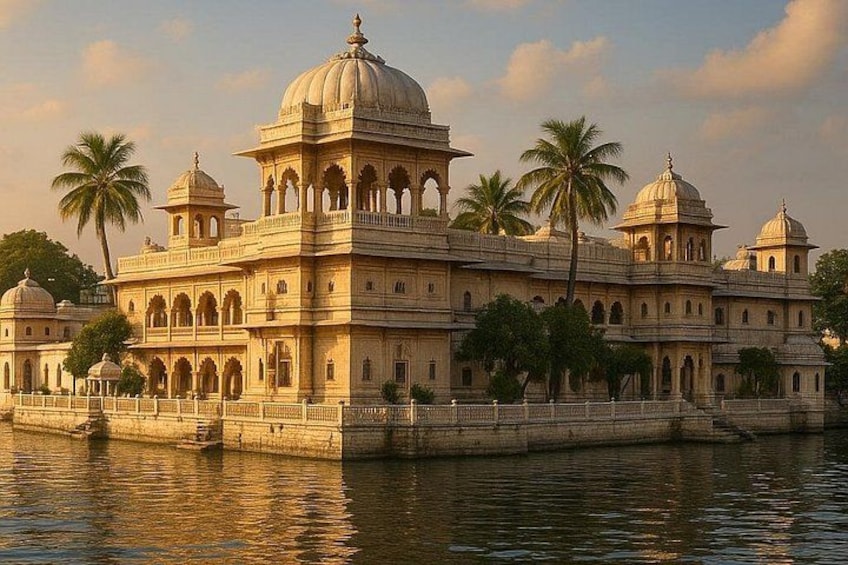 Un sontuoso palazzo con strutture a cupola e finestre ad arco, circondato da acqua e palme. 4