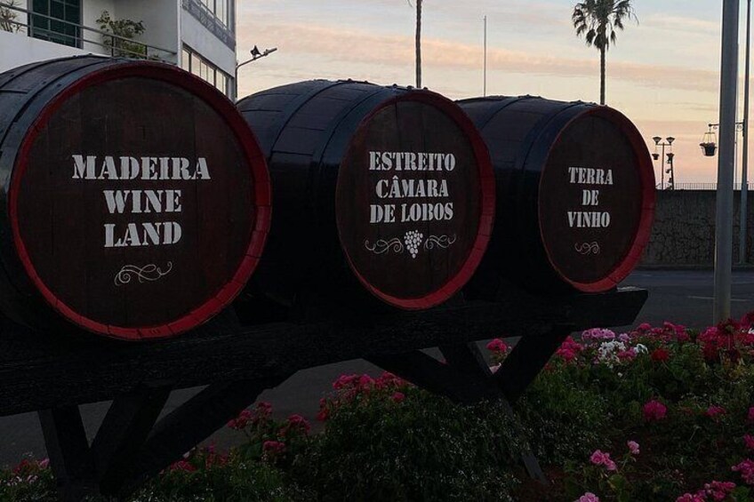 Tres barricas de vino con etiquetas que dicen 'Madeira Wine Land', 'Estreito Câmara de Lobos' y 'Terra de Vinho'. 4