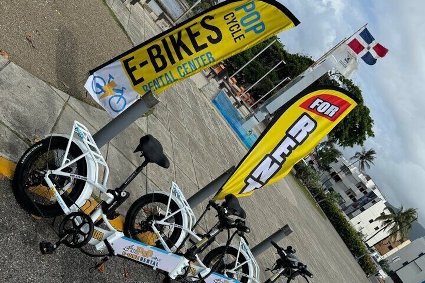 A rental center with e-bikes, a flag, and a sign. 3