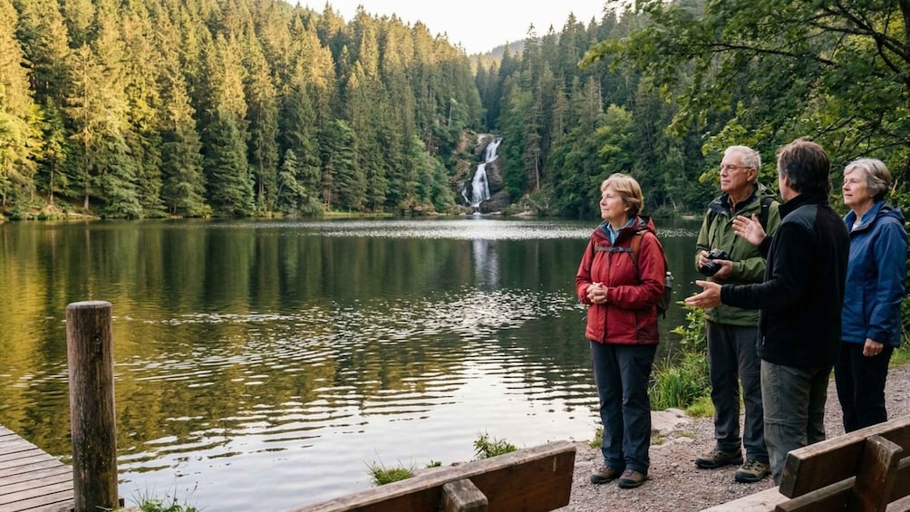 A group of people standing by a lake with a waterfall in the background. 1