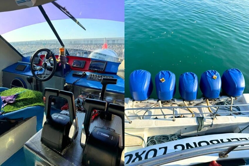A boat's interior with a steering wheel, dashboard, and seating. 5