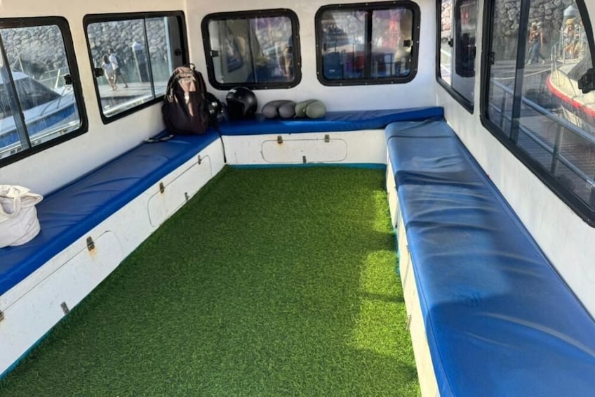 A vehicle interior with blue seats, a green artificial turf floor, and windows with black frames. 2