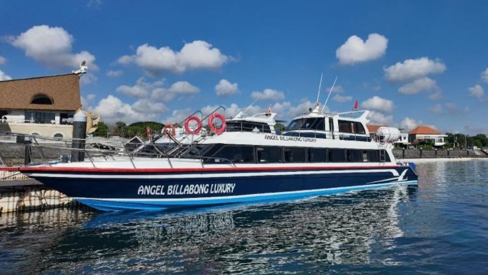 A luxury yacht named Angel Billabong Luxury docked at a marina. 1