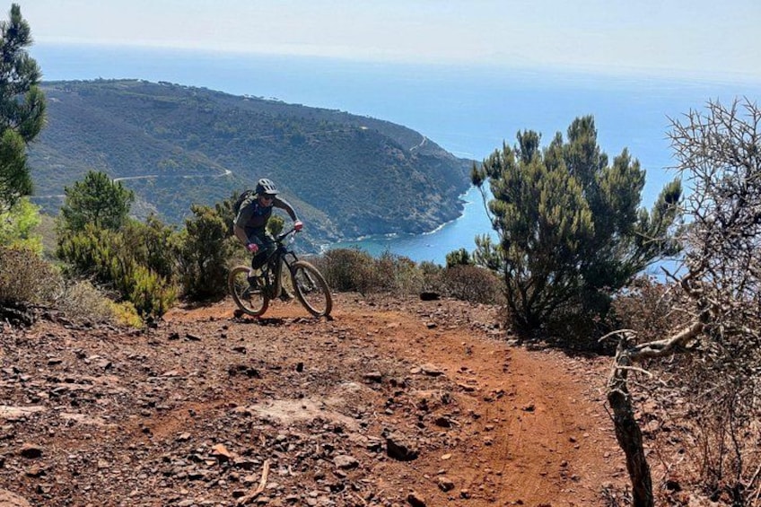 A mountain biker on a dirt trail with a coastal view in the background. 5