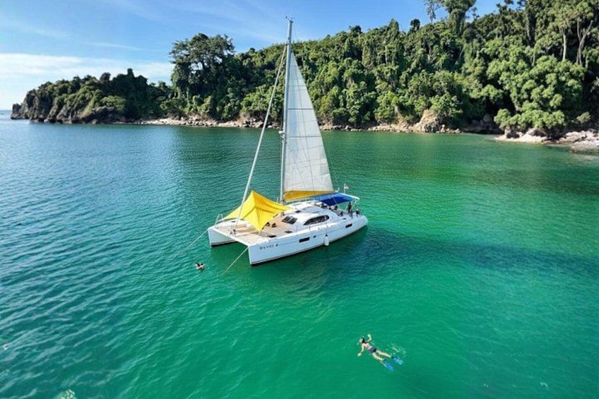 A white sailboat with a yellow canopy on calm turquoise waters, surrounded by a forested coastline. 1