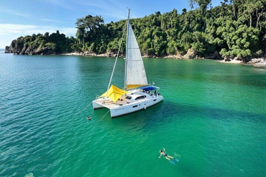A sailboat with a yellow canopy on a turquoise sea, surrounded by a forested coastline. 1