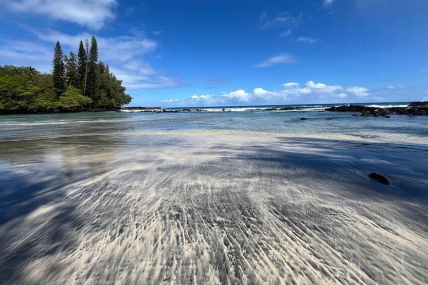 Una playa con olas, árboles y cielo despejado. 2