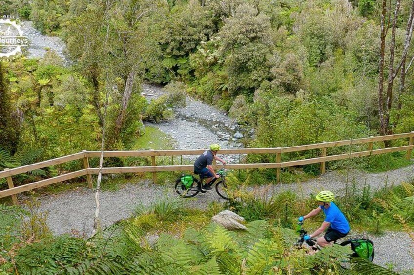 A person riding a bicycle on a gravel path surrounded by lush greenery and a wooden fence. 3