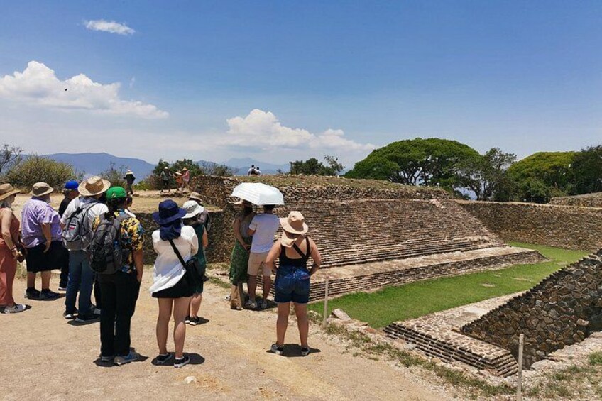 Tourists at an archaeological site with ancient ruins and a clear sky. 2
