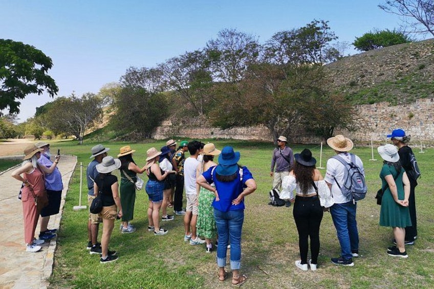 A group of people standing on a grassy hill, some wearing hats, with trees and a stone wall in the background. 1