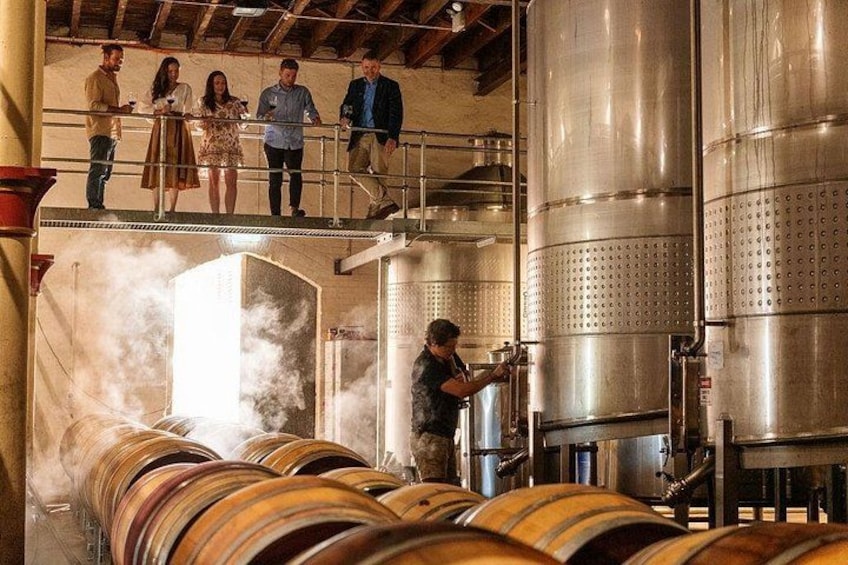 Un domaine viticole doté de cuves en acier inoxydable, de barriques et où se trouve un groupe de personnes sur un balcon. 4