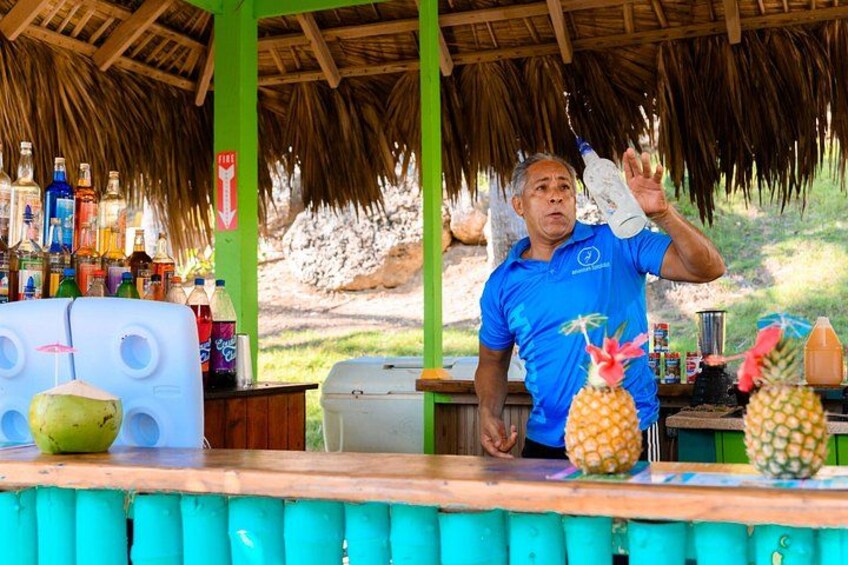 A person at a bar with a thatched roof, various bottles, and pineapples. 4