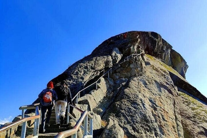 A person climbing a rocky mountain with metal stairs. 2