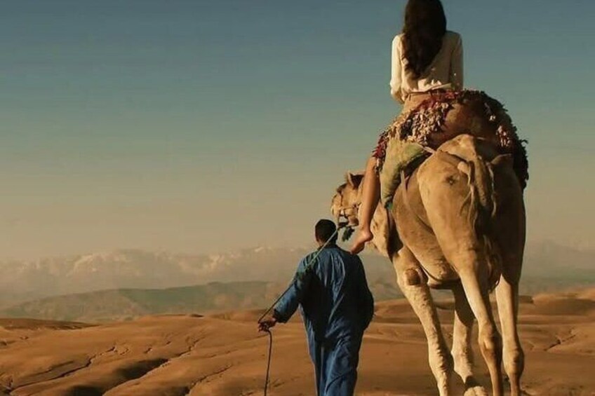 A person riding a camel in a desert landscape with mountains in the distance. 5