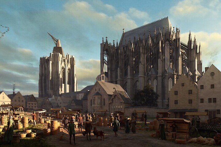 Eine historische Stadt mit einem markanten Dom, Marktständen und Kopfsteinpflasterstraßen. 2