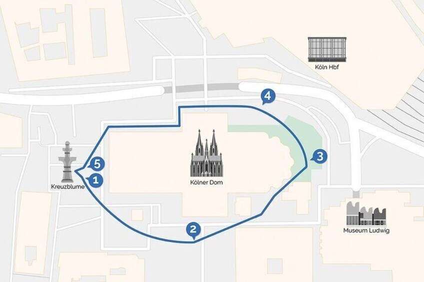 Eine Karte, die den Kölner Dom hervorhebt, mit einer umlaufenden Route, die mit den Nummern 1 bis 5 gekennzeichnet ist. 3
