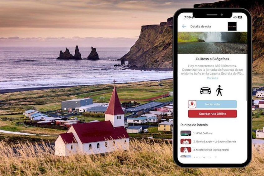 A smartphone displaying a travel route with a coastal landscape, a church, and a cliff. 5