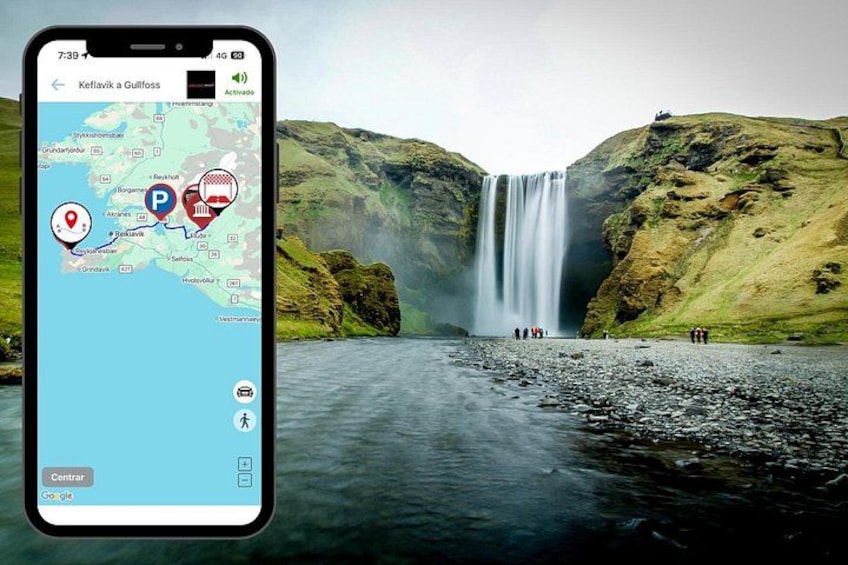 A smartphone displaying a map with a location pin, a waterfall, and a body of water. 4