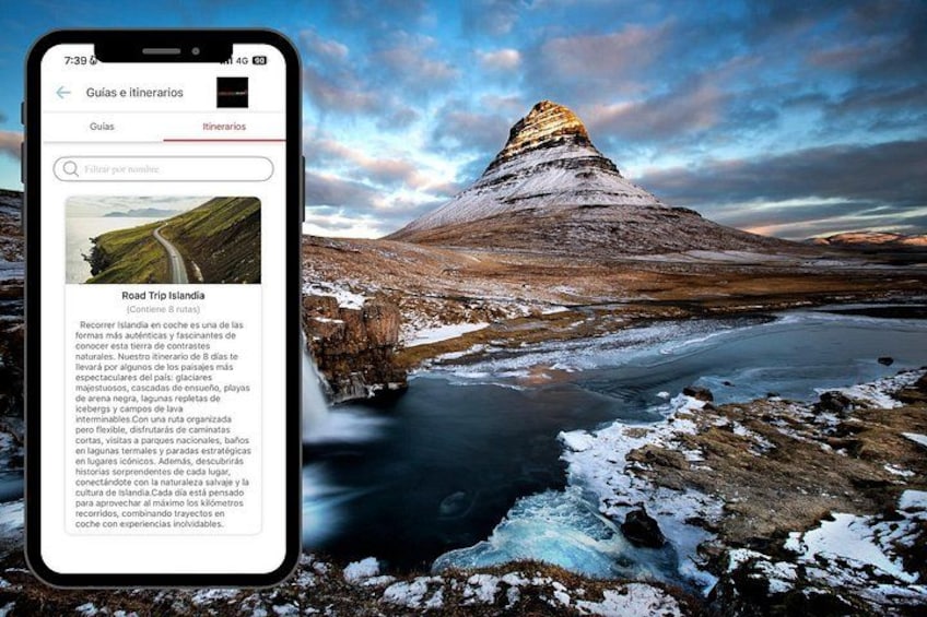A smartphone displaying a travel itinerary with a landscape of a snow-capped mountain and a river. 1
