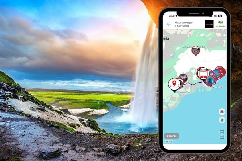 A smartphone displaying a map with location markers, a waterfall, and a coastal landscape. 3