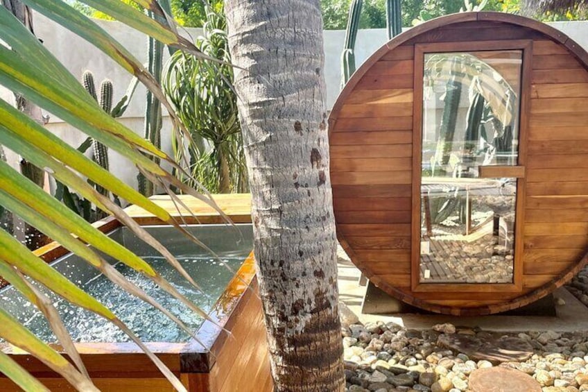 Een houten constructie met een glazen deur, omringd door rotsen en planten. 1
