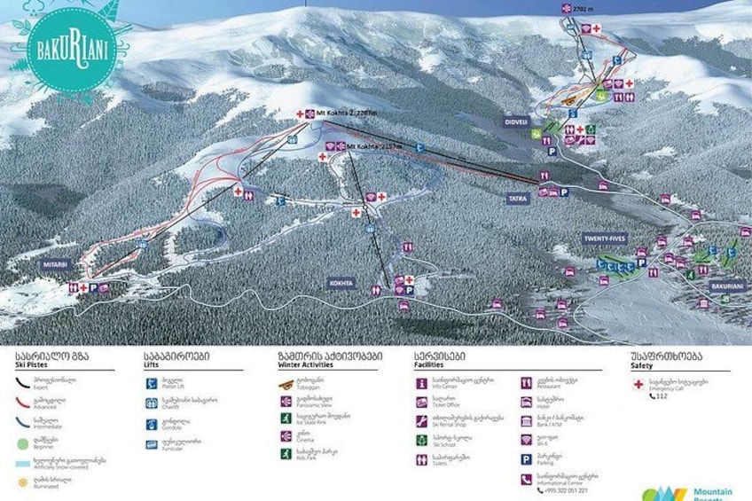 A ski resort map with marked ski lifts, trails, and facilities. 4