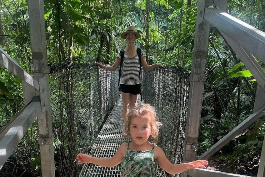 A suspension bridge in a forested area with people walking across it. 4