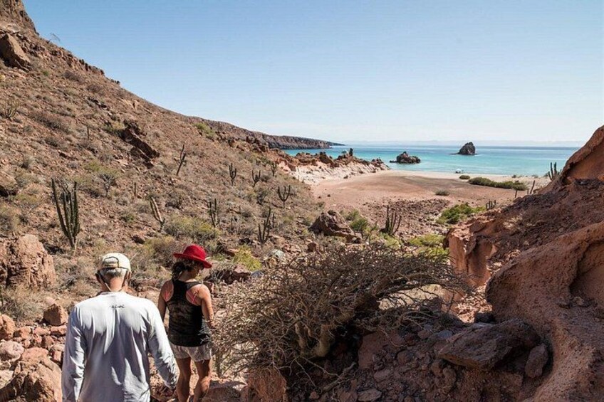 A desert landscape with rocky terrain and sparse vegetation, leading to a beach with clear blue water. 3