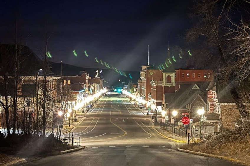 A nighttime street with buildings, a stop sign, and traffic lights. 5