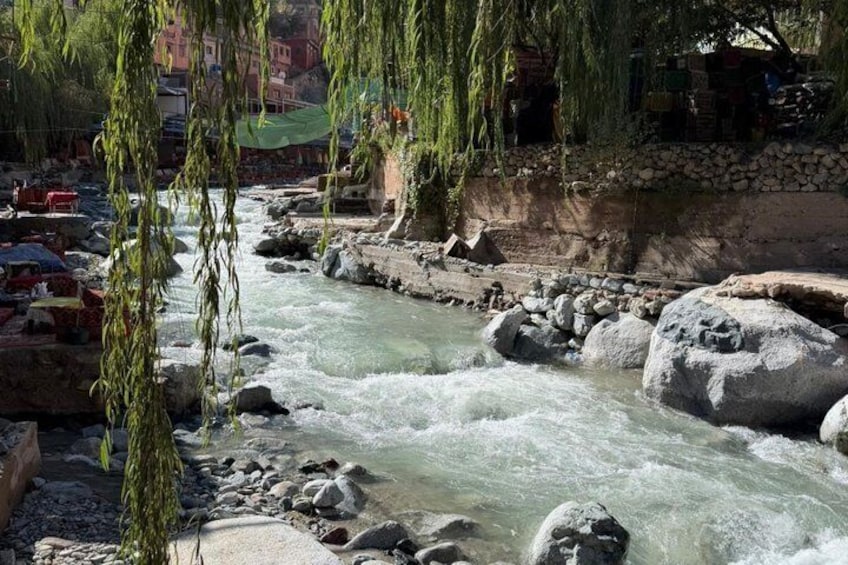 A river with rocks, a stone wall, and willow trees. 4