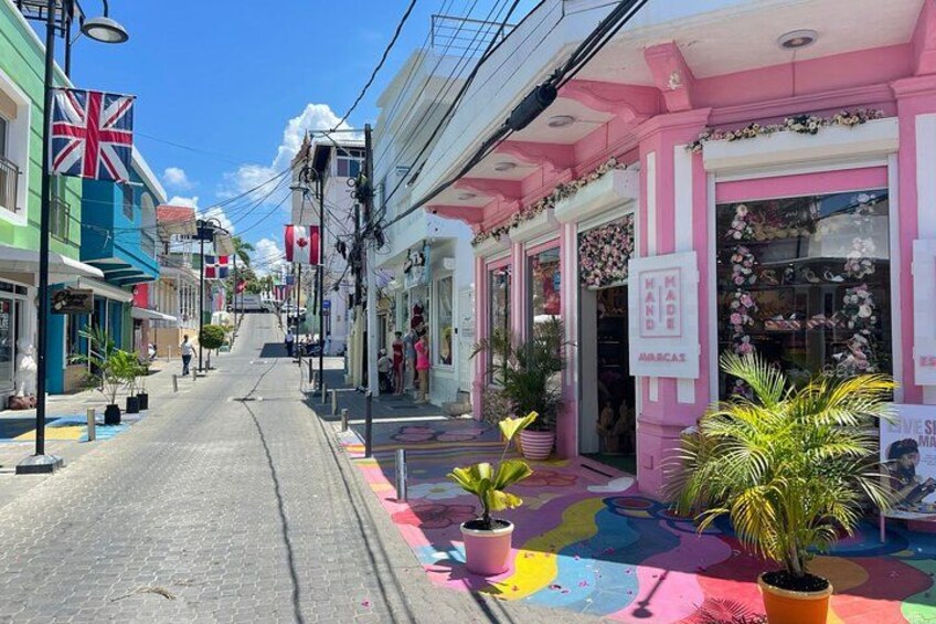 Una calle colorida con tiendas, una bandera del Reino Unido y plantas en macetas. 4