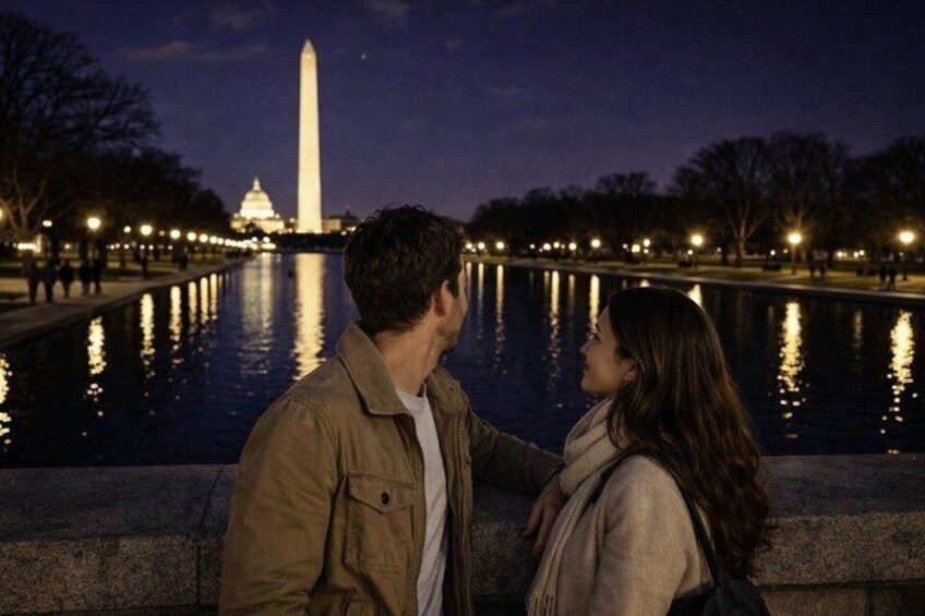 A couple standing by a reflective water body with the Washington Monument in the background. 1
