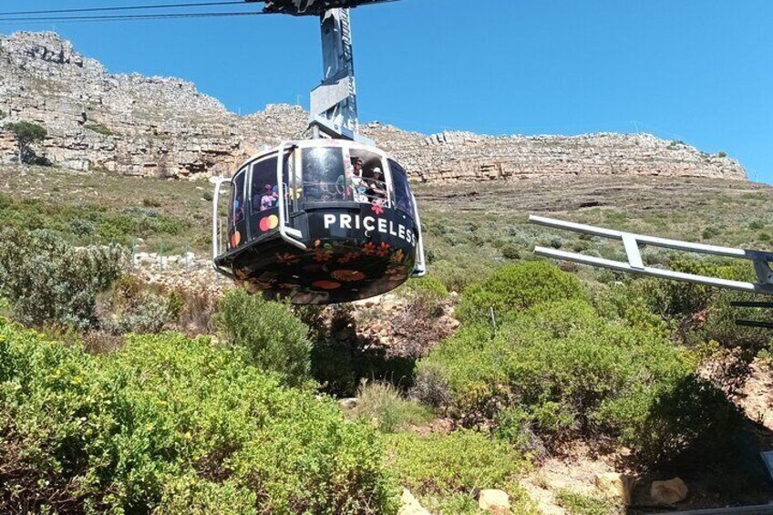 A cable car labeled "PRICELESS" suspended over a mountainous landscape. 1