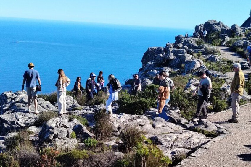 Un grupo de personas caminando sobre terreno rocoso, con vista al océano. 2