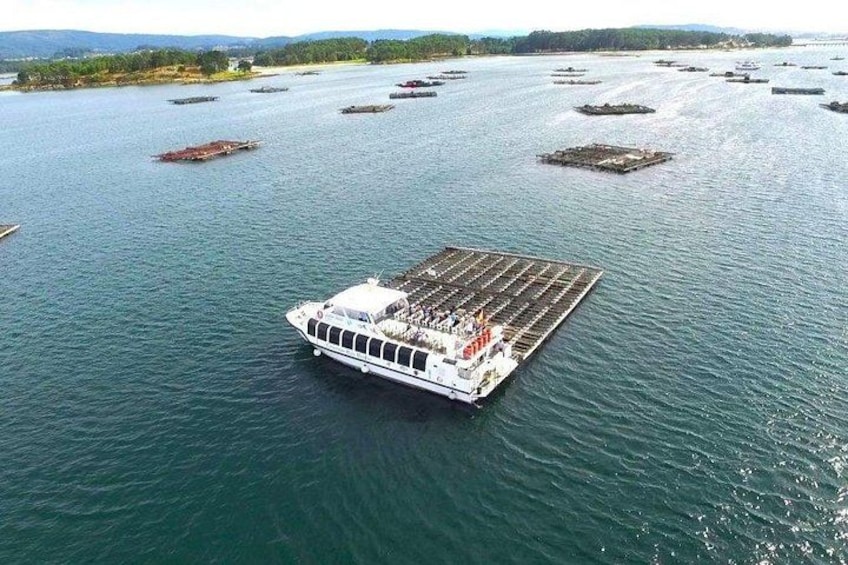 A ferry docked at a pier with multiple smaller boats in the background. 1