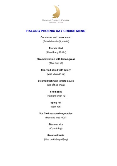 A menu for the Halong Phoenix Day Cruise. 2