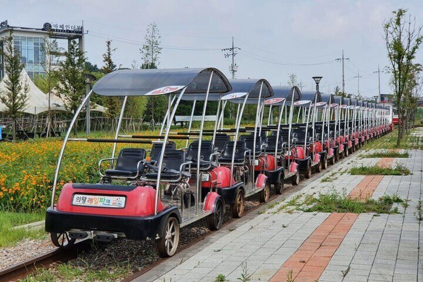 Eine Reihe von roten und schwarzen Zugwagen mit überdachten Sitzbereichen, abgestellt auf einem Gleis. 3