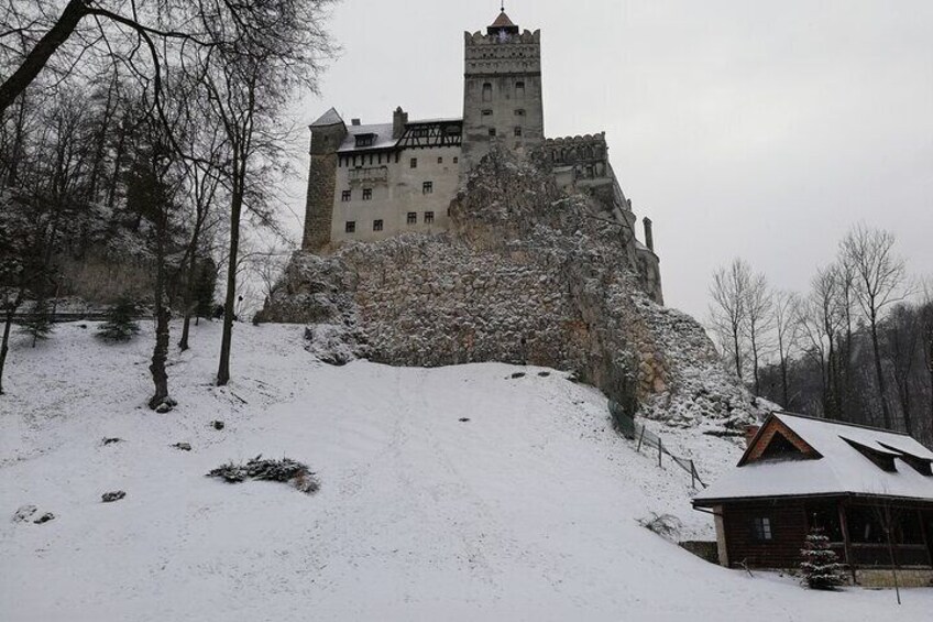 Eine Burg auf einem mit Schnee bedeckten Hügel, umgeben von kahlen Bäumen. 3