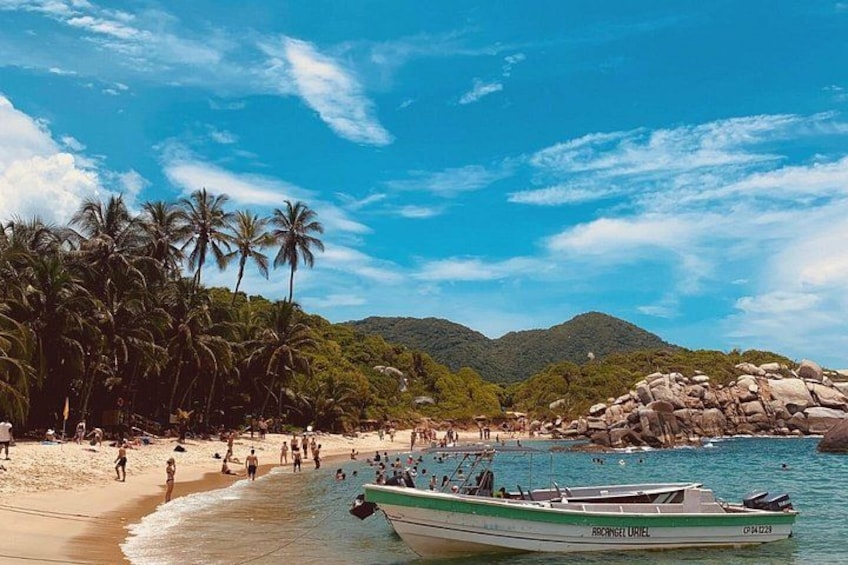 Una playa con palmeras, gente y un bote llamado 'MICHAEL UNEL'. 5