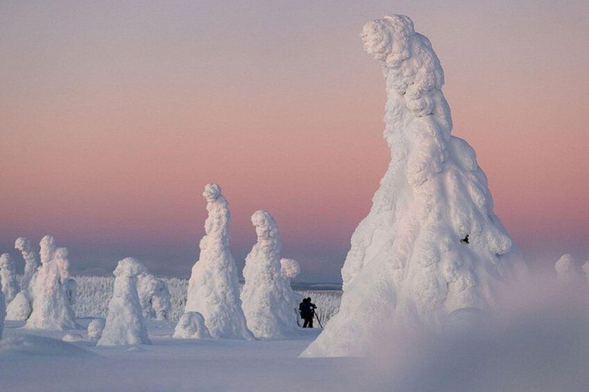 Un paysage enneigé avec de grandes formations de neige et une personne qui fait du ski. 1