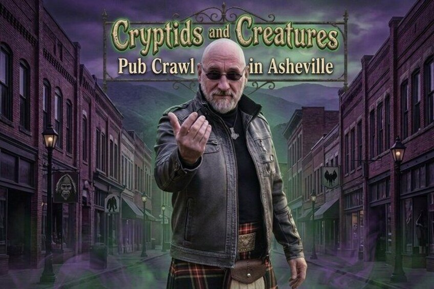 A person in a leather jacket and plaid pants standing in front of a sign that reads 'Cryptids and Creatures Pub Crawl in Asheville.' 1