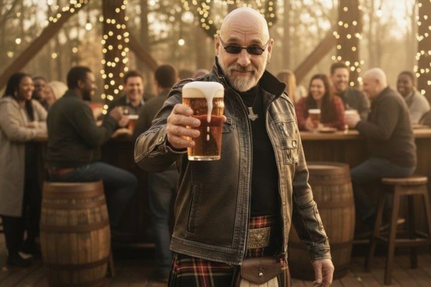 A person holding a beer glass in an outdoor setting with wooden barrels and string lights. 1