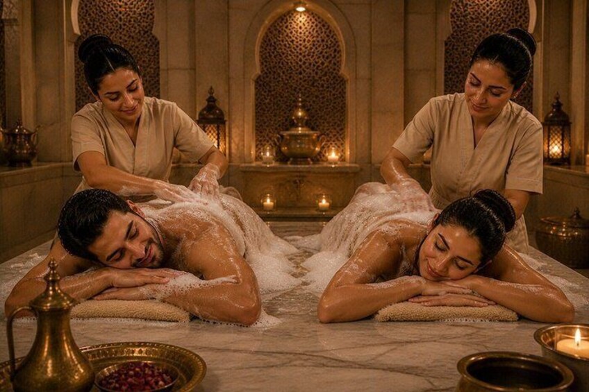Ein Spa-Ambiente mit zwei Personen, die eine Massage erhalten, einer Fontäne und traditioneller Einrichtung. 3