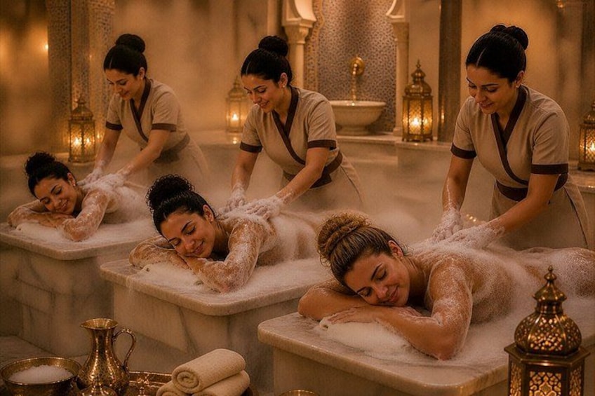 Ein Spa-Ambiente, in dem mehrere Personen Massagen erhalten. 1
