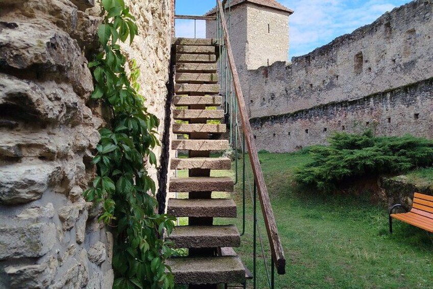 A stone staircase leading up to a tower, surrounded by a stone wall and greenery. 4