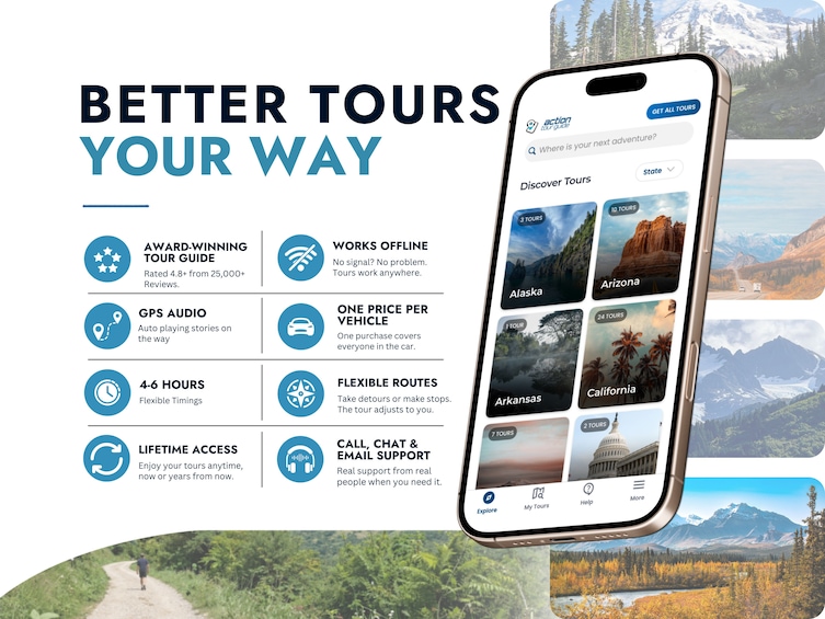 A smartphone displaying a travel app with features like GPS audio, flexible routes, and lifetime access. 5