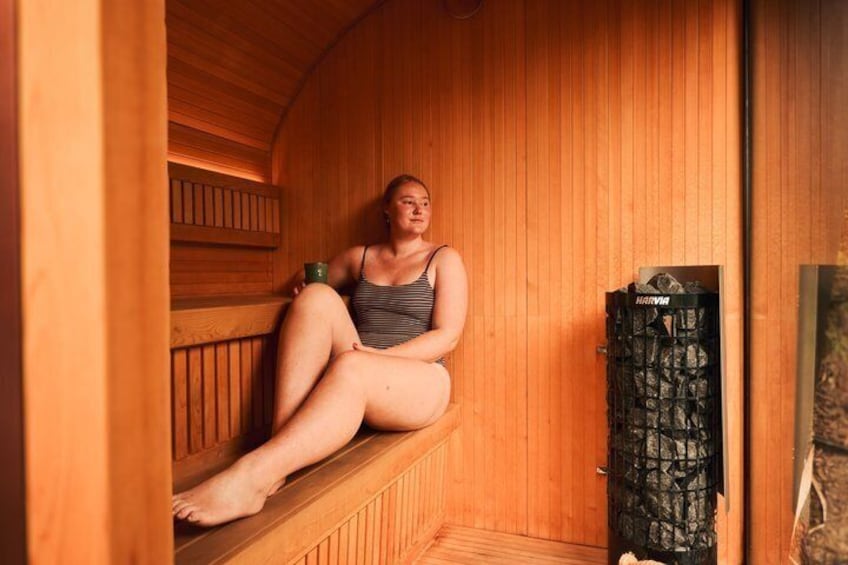 A person sitting in a wooden sauna with a sauna heater visible. 2