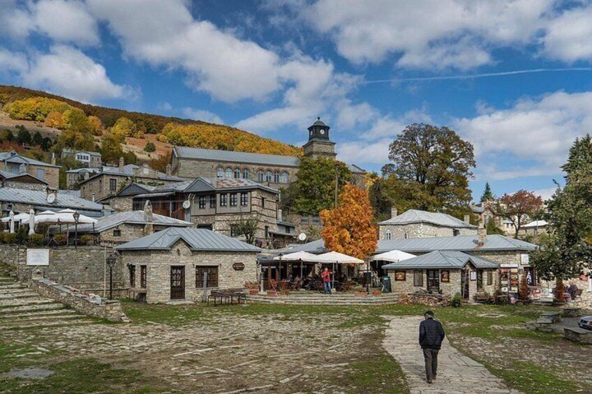 A stone village with buildings, a prominent tree, and a person walking. 1