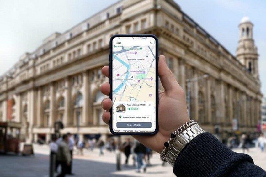 A hand holding a smartphone displaying a map with a location marked 'Royal Exchange.' 1
