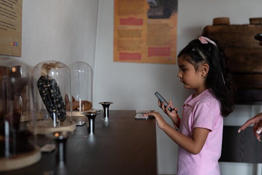 A child in a pink shirt looking at a smartphone, with a display case containing a figurine and other items on a table. 5